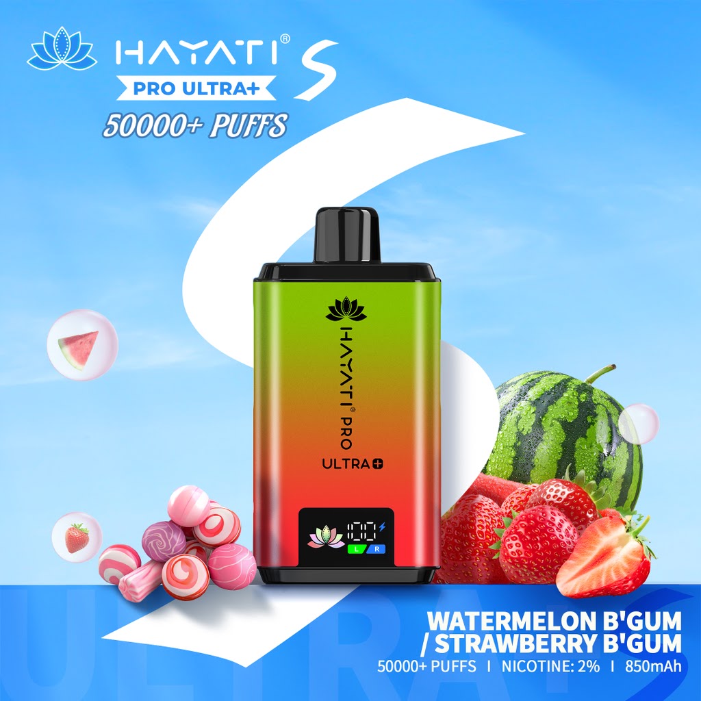 Hayati Pro Ultra vape device with watermelon and strawberry candy graphics on a blue background VAPE KING DUBAI