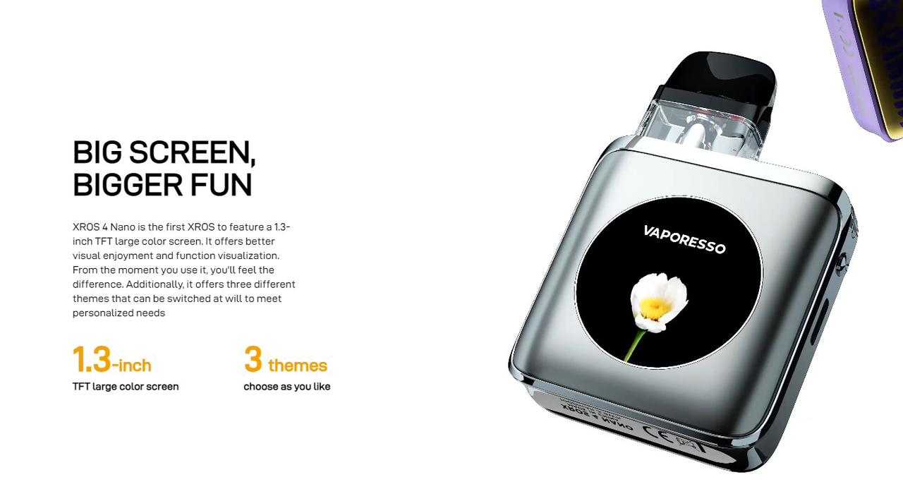 Vaporesso XROS Nano 4 compact vape device with 1.3-inch TFT color screen and adjustable themes, sleek silver finish.