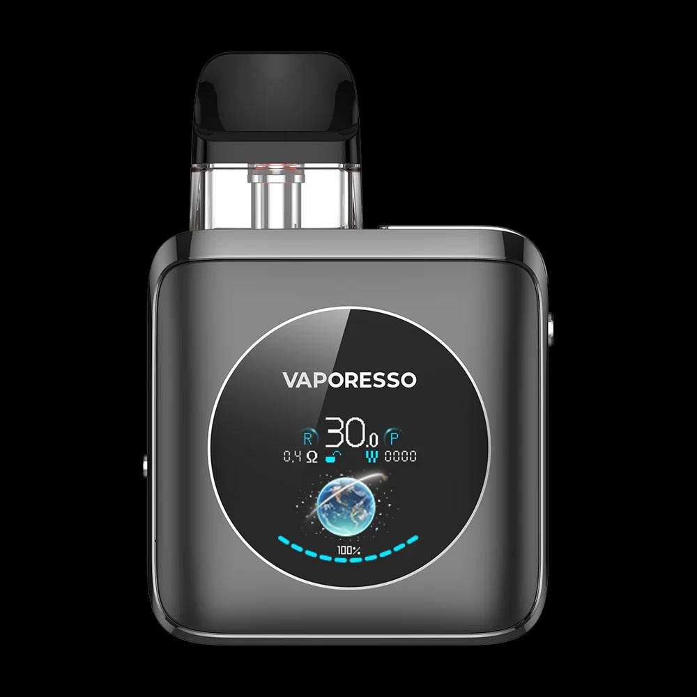 Vaporesso XROS Nano 4 compact vape device with digital display and black mouthpiece against black background