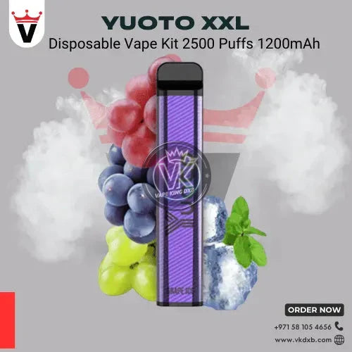 YUOTO XXL Disposable Vape Kit purple flavor with grapes, mint, and 2500 puffs vape device on gray background