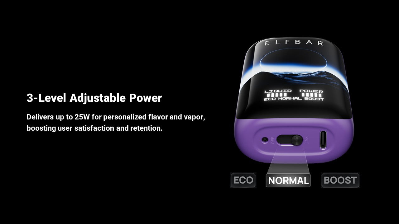 Vaping device with power settings on a black background ElfbarMoonNight vape king dxb