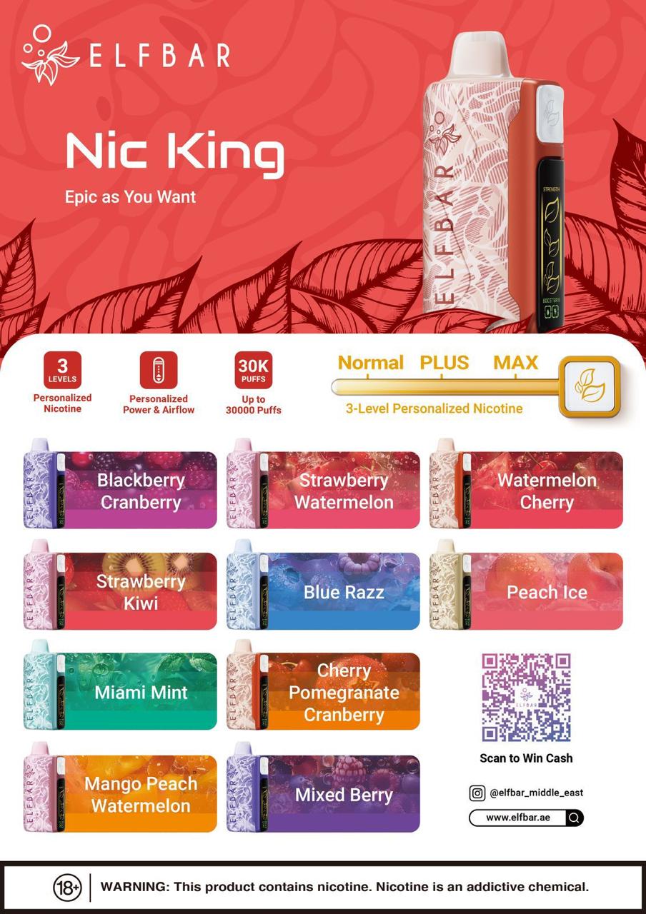 Elfbar Nic King vape device with flavor options on a red background