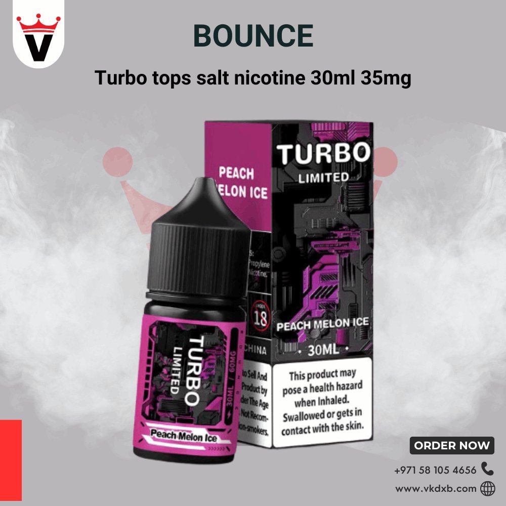 Bounce Turbo Vape Liquid Peach Melon Ice 30ml salt nicotine e-liquid bottle and box with vape king logo on grey smoky background