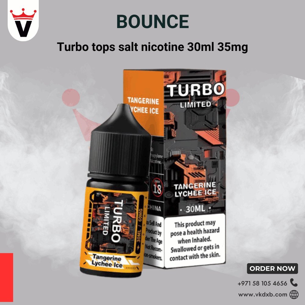 Bounce Turbo Vape Liquid Tangerine Lychee Ice 30ml salt nicotine bottle with black cap and orange black packaging in Dubai.