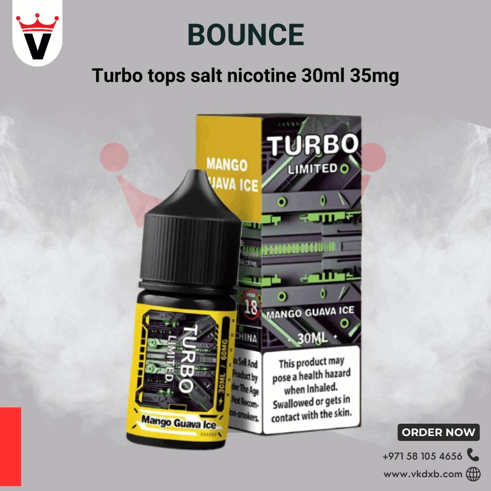Bounce Turbo Vape Liquid Mango Guava Ice 30ml salt nicotine bottle with packaging and health warning label on a gray smoky background.