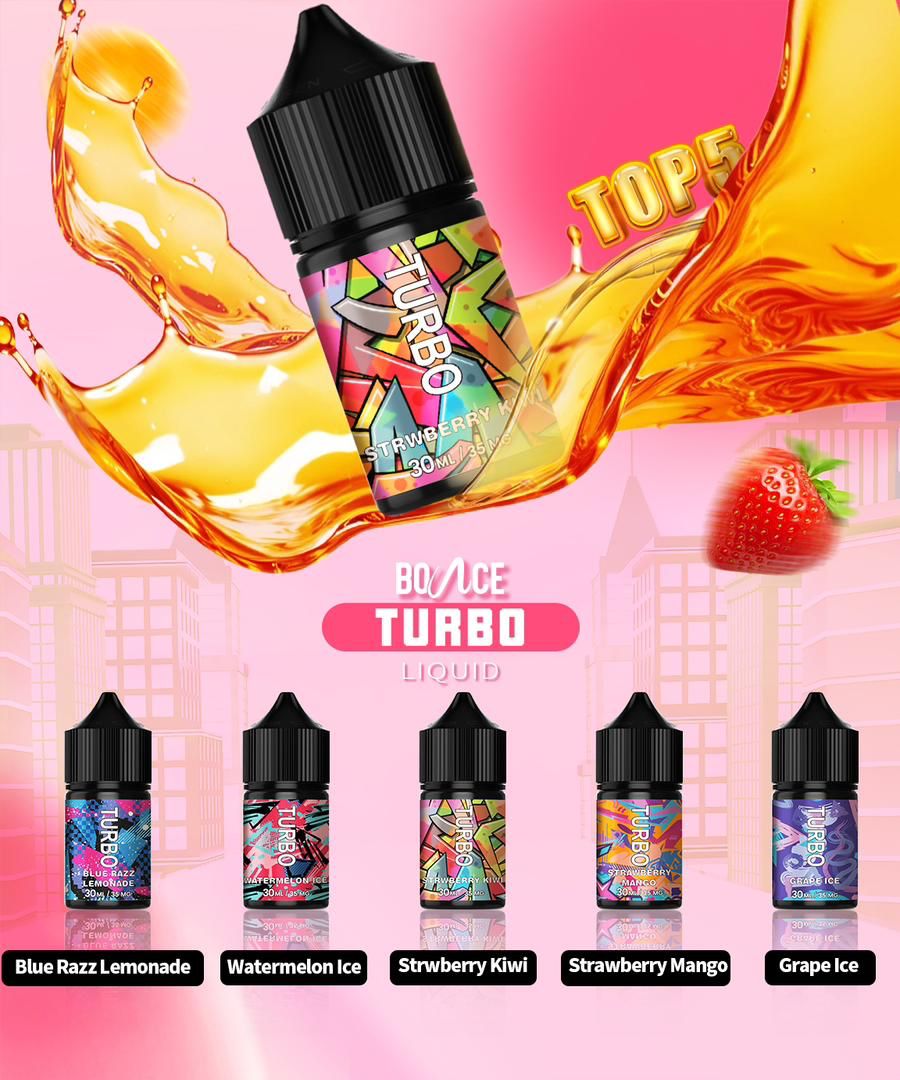 Bounce Turbo Vape Liquid assorted flavors including Strawberry Kiwi, Blue Razz Lemonade, Watermelon Ice, Strawberry Mango, and Grape Ice, premium 30ml e-liquid bottle