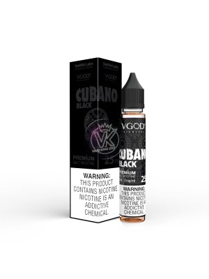 CUBANO BLACK VGOD SALTNIC 30ml e-liquid bottle and box with Cuban tobacco and custard flavor for vape pod systems.
