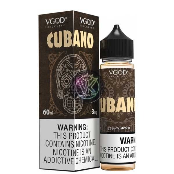 VGOD Cubano Brown 60ml e-liquid bottle and box with tobacco, vanilla, and caramel flavor, nicotine warning label