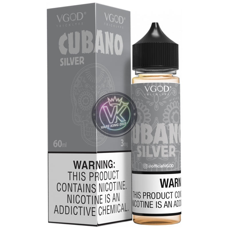 Cubano Silver VGOD freebase e-liquid 60ml bottle and box with nicotine warning label and Vape King DXB branding