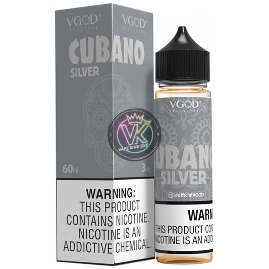 Cubano Silver VGOD freebase e-liquid 60ml bottle and box with nicotine warning label and Vape King DXB branding
