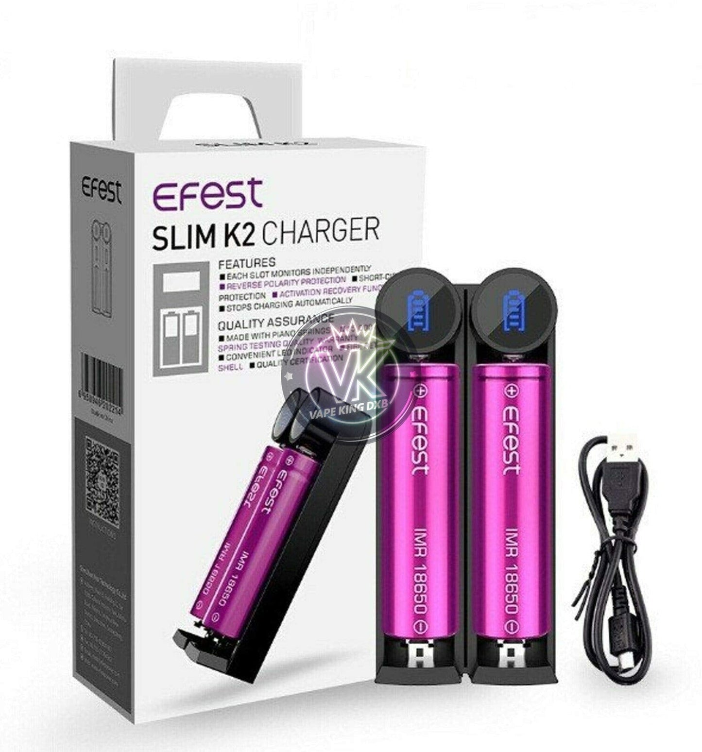 Efest SLIM K2 dual slot vape battery charger with USB cable and two pink IMR 18650 batteries in compact black holder and packaging box.