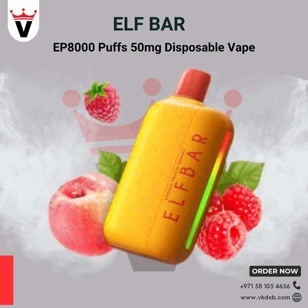 Elf Bar 8000 PUFFS Disposable Vape with 50mg nicotine in peach flavor surrounded by raspberries and vapor cloud
