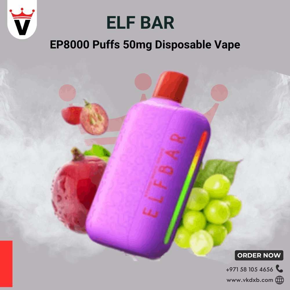 Elf Bar 8000 PUFFS Disposable Vape with 50mg nicotine in purple casing surrounded by pomegranate and green grapes vapor smoke background