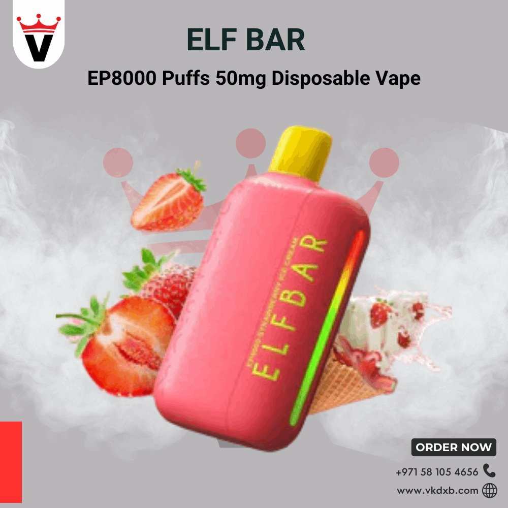 Elf Bar 8000 puffs disposable vape in pink with strawberry flavor and yellow mouthpiece against a grey background with vape smoke and fruit illustrations