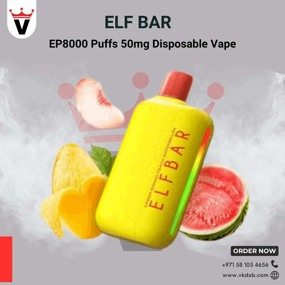 Yellow Elf Bar 8000 PUFFS disposable vape with fruit flavor elements including peach and watermelon on smoky gray background