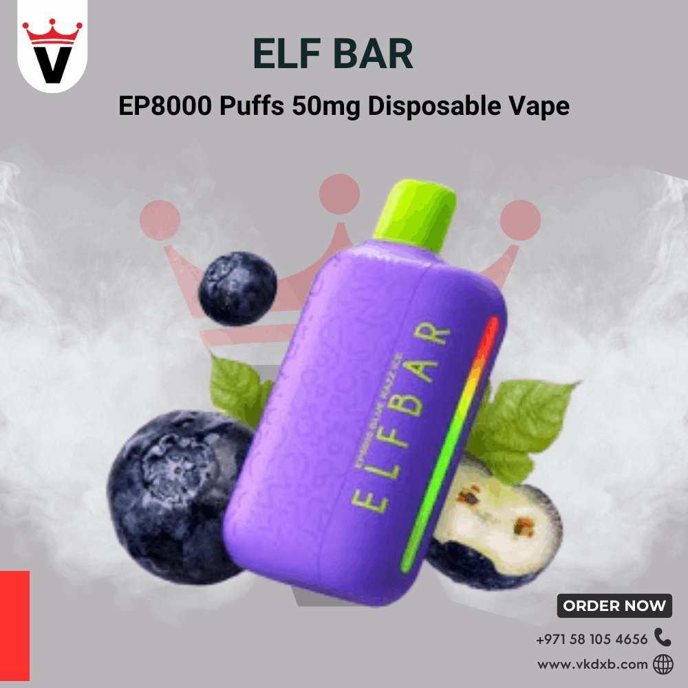 Elf Bar 8000 puffs disposable vape in purple with green mouthpiece surrounded by blueberries and vape smoke background