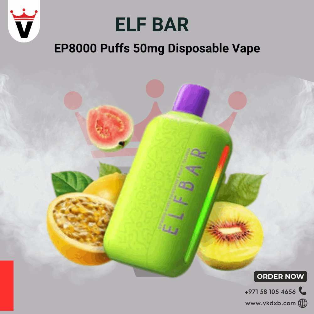 Elf Bar 8000 PUFFS Disposable Vape in green with tropical fruit flavors illustration and Vape King DXB branding