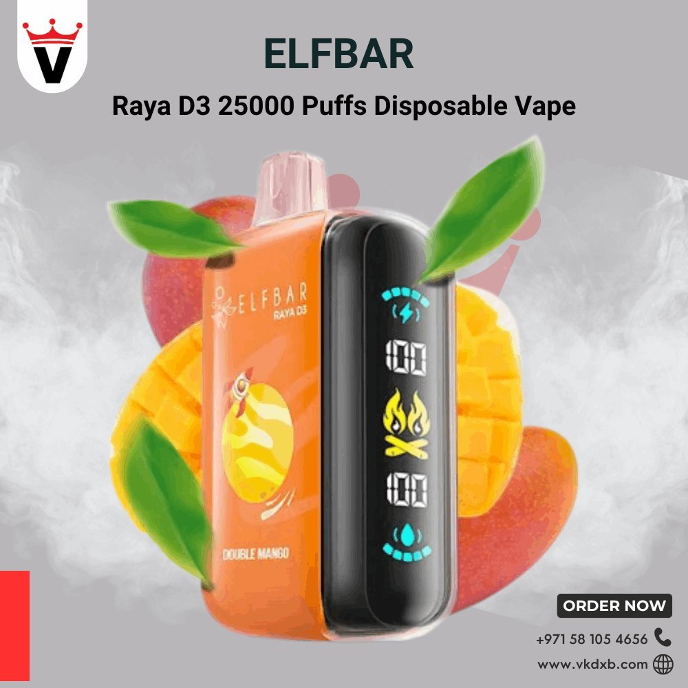 Elf Bar Raya D3 25000 puffs disposable vape in double mango flavor with digital display and compact design