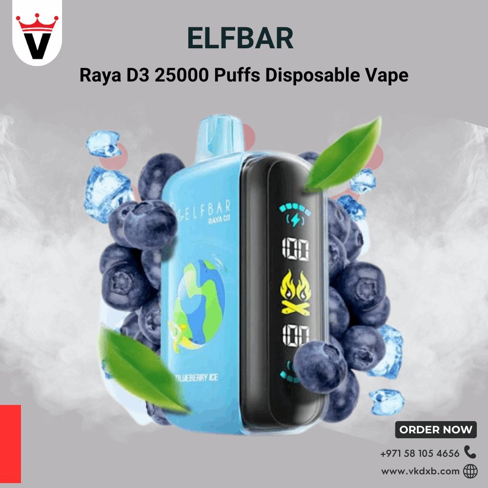 Elf Bar Raya D3 25000 puffs disposable vape in blueberry ice flavor with digital display and compact design