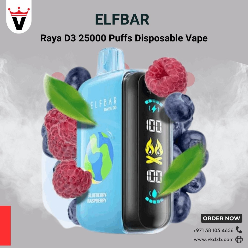 Elf Bar Raya D3 disposable vape in blue with blueberry raspberry flavor and digital display on device