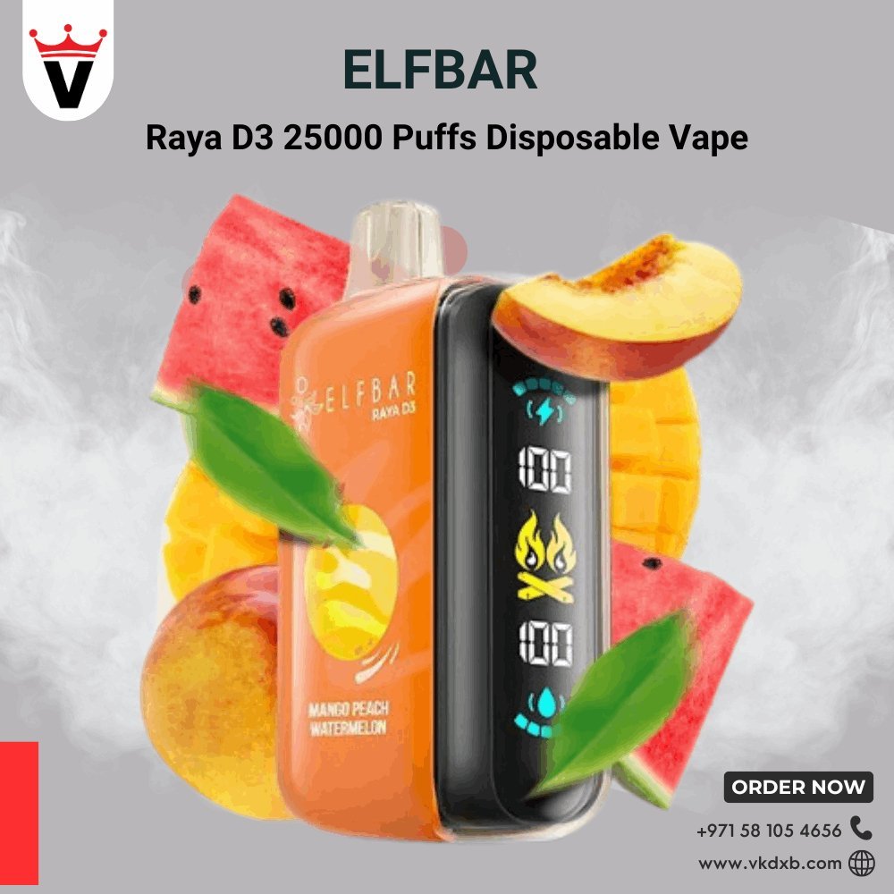 Elf Bar Raya D3 disposable vape with 25000 puffs and mango peach watermelon flavor, rechargeable with LED display