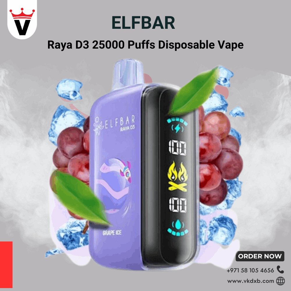 Purple Elf Bar Raya D3 25000 puffs disposable vape with digital display and grape ice flavor surrounded by ice cubes and grape fruits