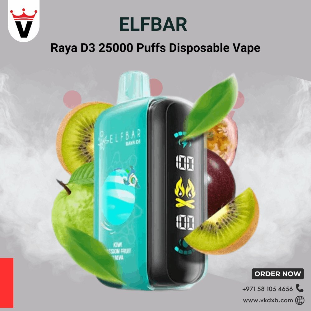 Elf Bar Raya D3 25000 puffs disposable vape with kiwi passion fruit guava flavor and digital display in Dubai
