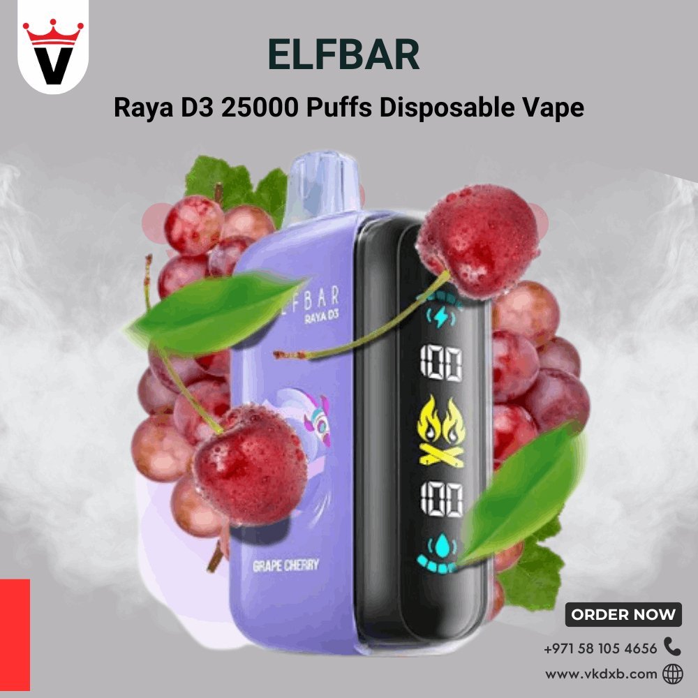 Elf Bar Raya D3 disposable vape in grape cherry flavor with 25000 puffs and digital display