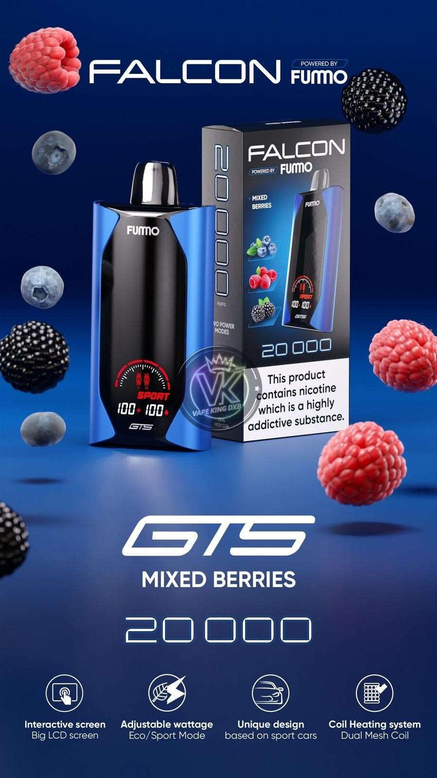 Fummo Falcon GTS 20000 puffs disposable vape with mixed berries flavor and adjustable wattage, sleek black design.