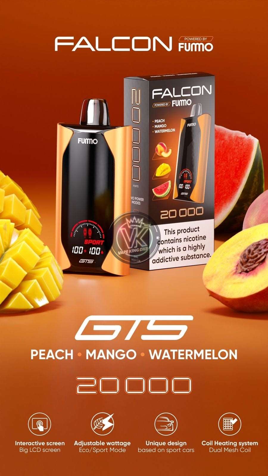 Fummo Falcon GTS 20000 Puffs 20mg disposable vape with peach, mango, and watermelon flavors, black sleek design, and interactive LCD screen.