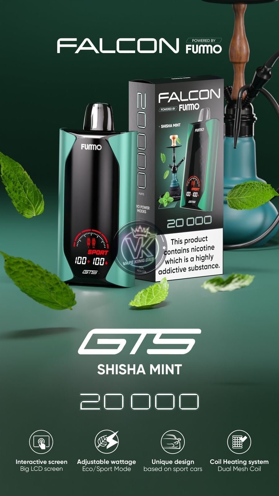 Fummo Falcon GTS 20000 Puffs disposable vape in Shisha Mint flavor with adjustable wattage and coil heating system.