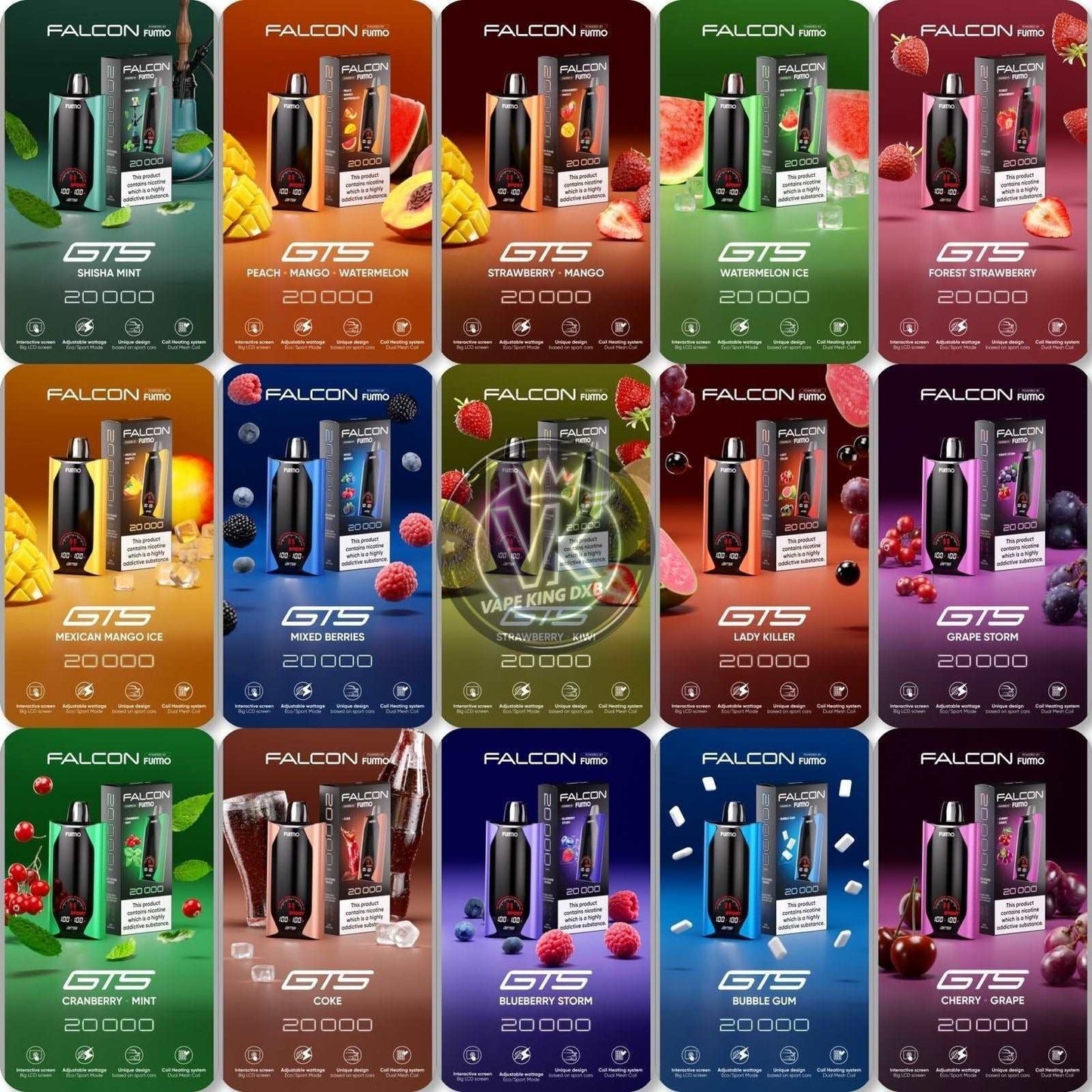 Fummo Falcon GTS 20000 Puffs disposable vape variety pack with 20mg nicotine, multiple flavors, and sleek compact design for premium vaping.
