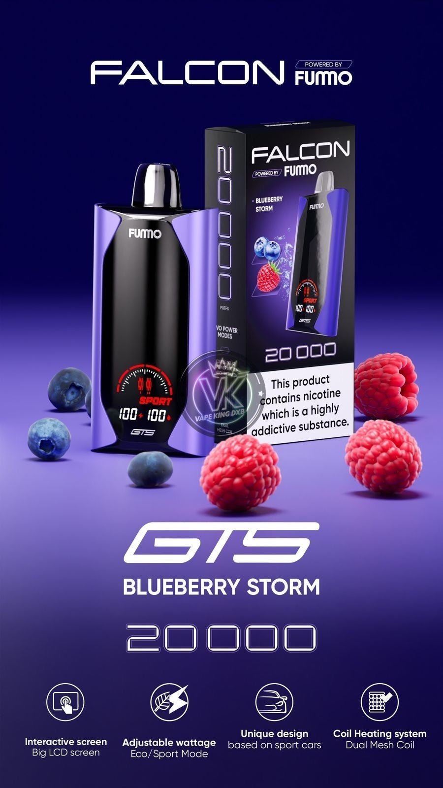 Fummo Falcon GTS 20000 Puffs Blueberry Storm disposable vape with interactive screen, adjustable wattage, and dual mesh coil heating system.