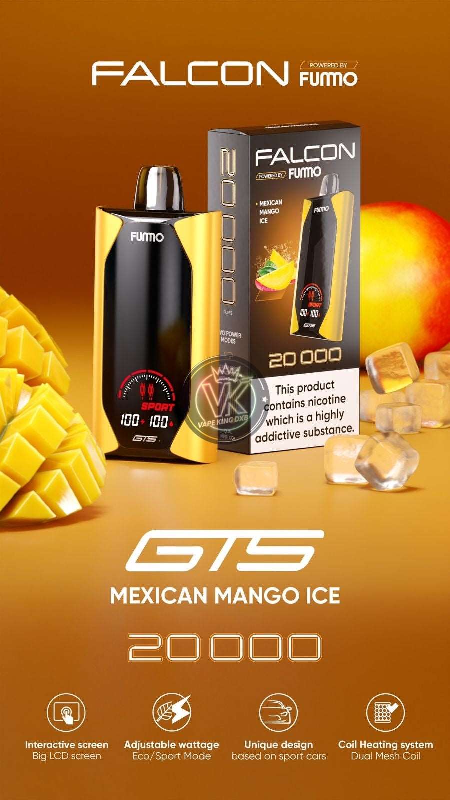 Fummo Falcon GTS 20000 Puffs Mexican Mango Ice disposable vape with adjustable wattage and interactive screen