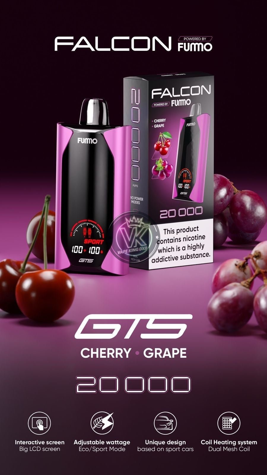 Fummo Falcon GTS 20000 Puffs Cherry Grape Disposable Vape with large LCD screen and adjustable wattage, sleek black and purple design, showing 20,000 puffs and 20mg nicotine.