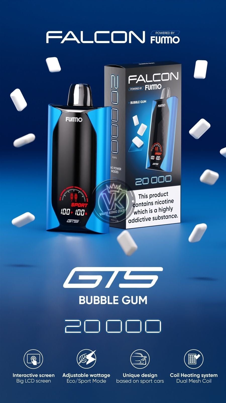 Fummo Falcon GTS 20000 Puffs Bubble Gum Disposable Vape with adjustable wattage and interactive LCD screen in sleek blue design