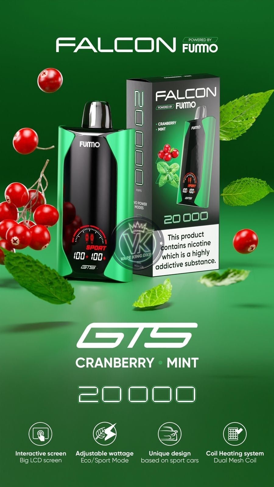 Fummo Falcon GTS 20000 puffs disposable vape with cranberry mint flavor, adjustable wattage, and interactive LCD screen.