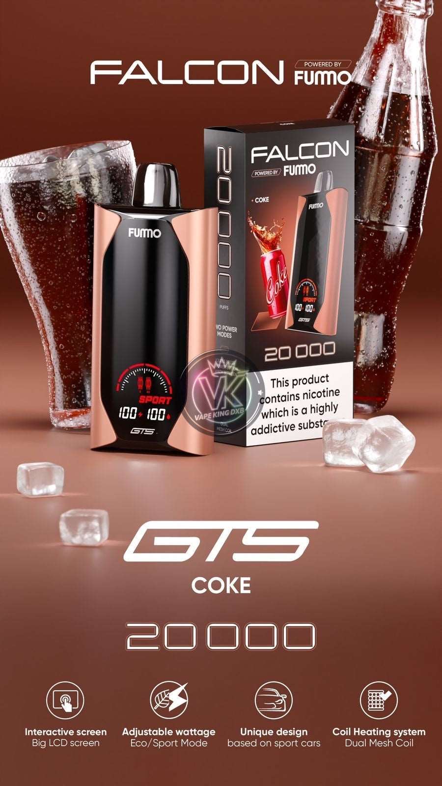 Fummo Falcon GTS 20000 Puffs 20mg disposable vape with interactive screen and adjustable wattage in coke flavor packaging