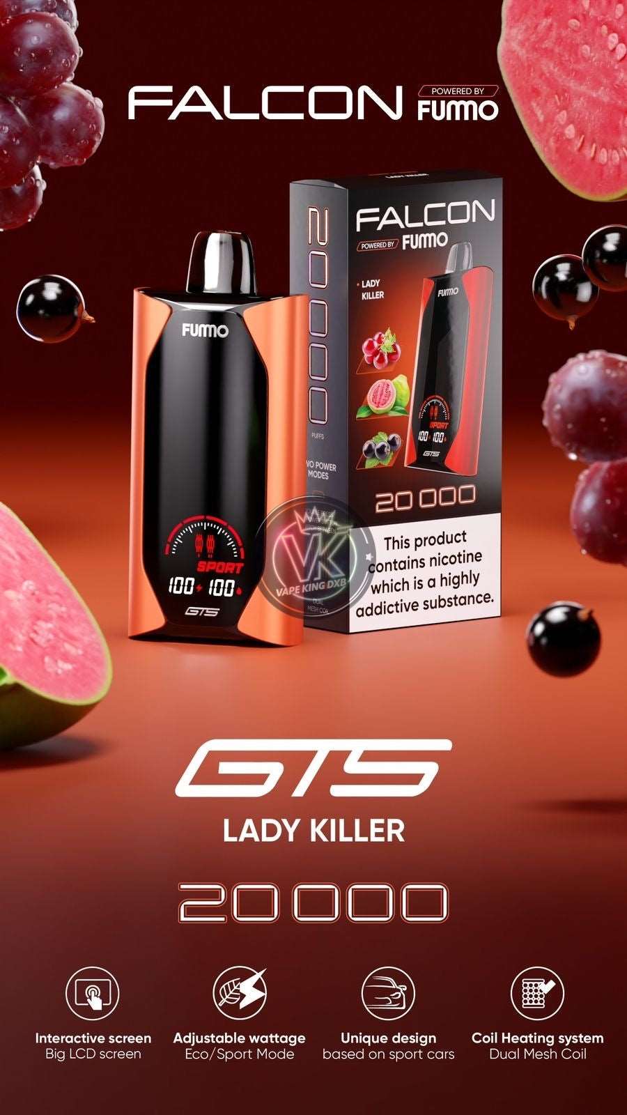 Fummo Falcon GTS 20000 Puffs 20mg disposable vape in black and orange with interactive screen and sleek design for premium vaping in Dubai.