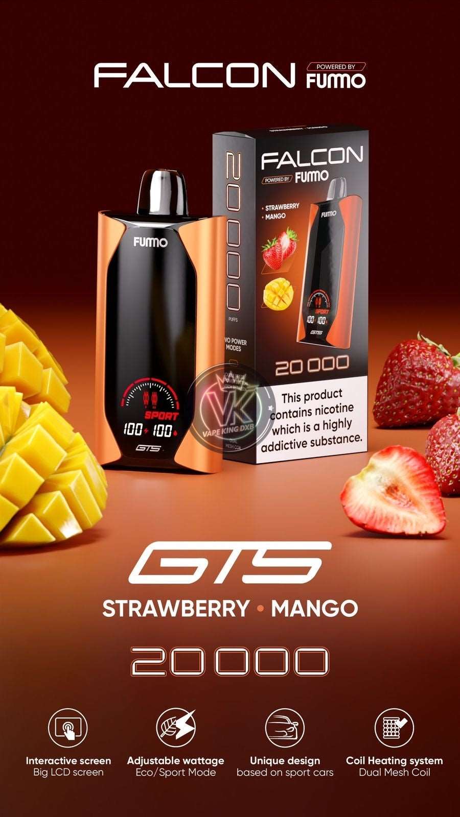Fummo Falcon GTS 20000 Puffs disposable vape in strawberry mango flavor with interactive LCD screen and adjustable wattage.