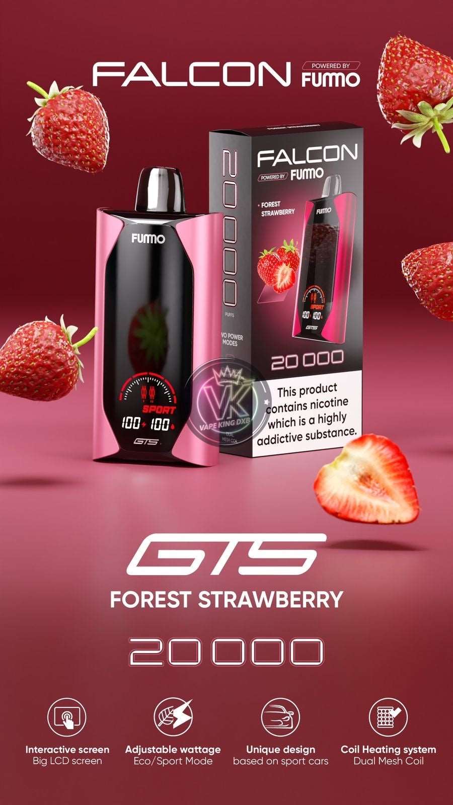 Fummo Falcon GTS 20000 Puffs Forest Strawberry disposable vape with interactive screen and adjustable wattage in sleek black and pink design.
