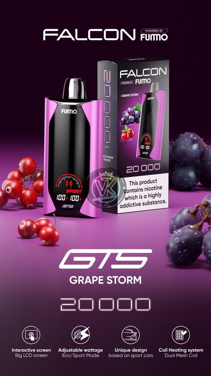 Fummo Falcon GTS 20000 Puffs Grape Storm disposable vape with big LCD screen, adjustable wattage, and dual mesh coil design in purple and black color.