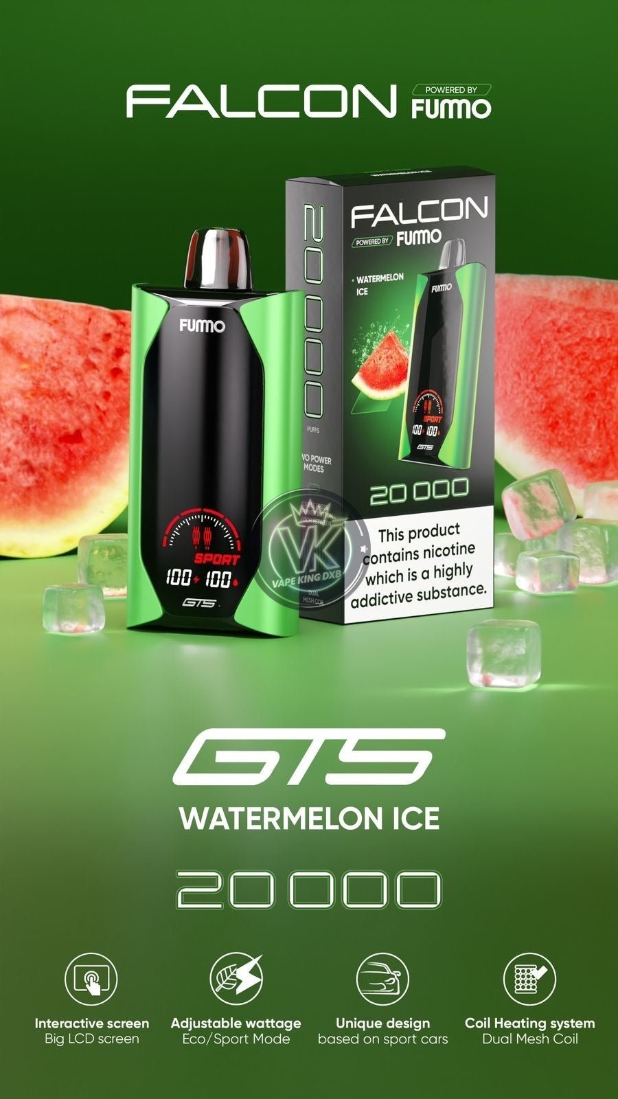 Fummo Falcon GTS 20000 Puffs Watermelon Ice disposable vape with interactive screen and adjustable wattage on green background