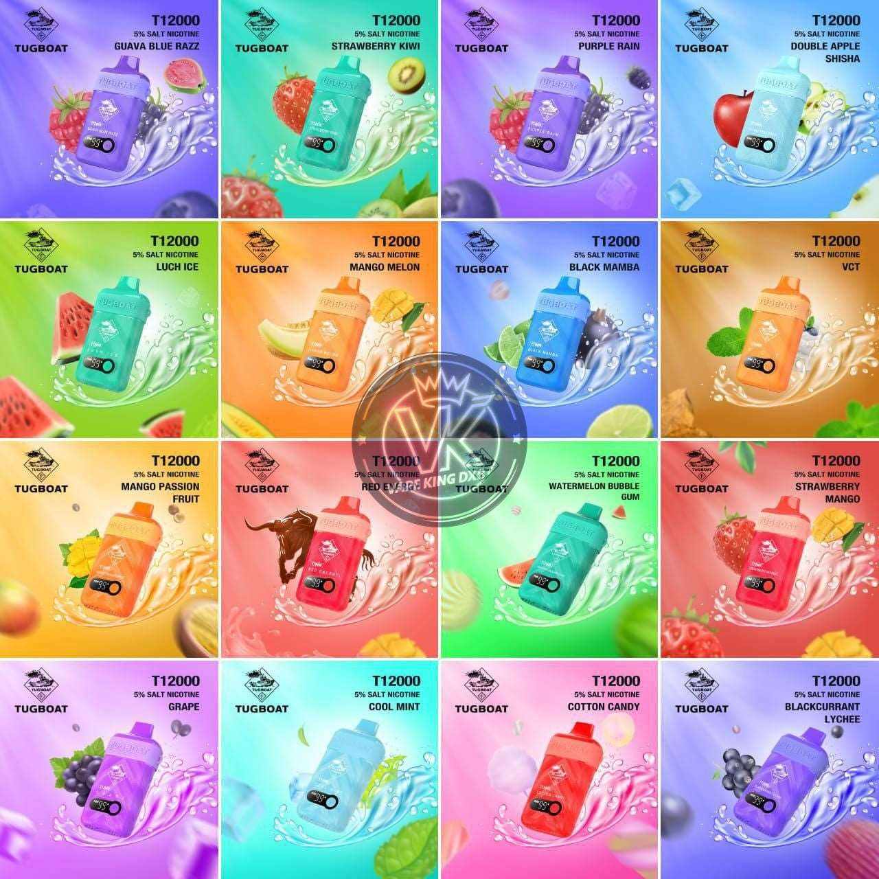 Tugboat T12000 Rechargeable Disposable Vape in assorted vibrant flavors with sleek design and puff capacity.