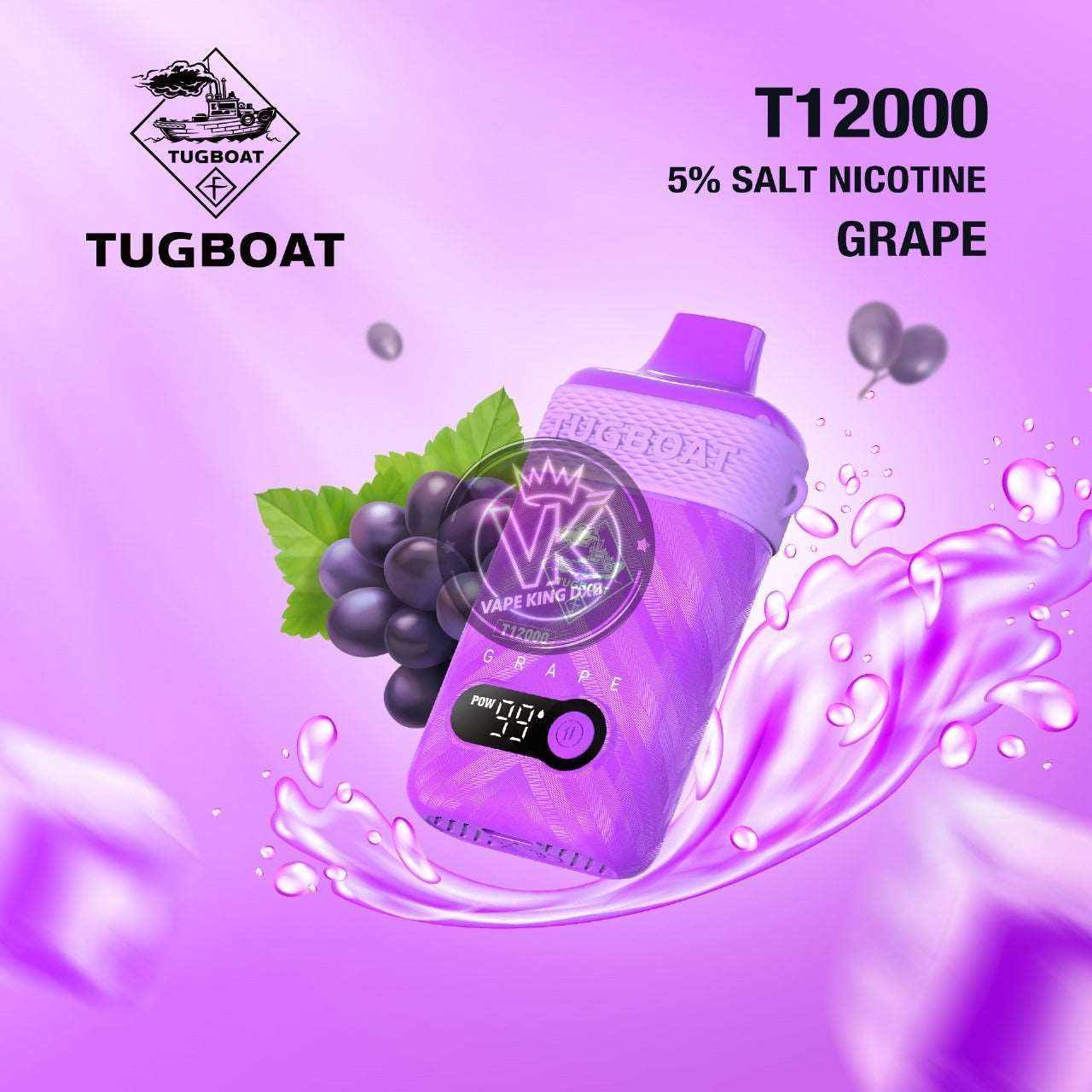 Tugboat T12000 disposable vape in grape flavor with 5% salt nicotine and digital puff counter display on purple background