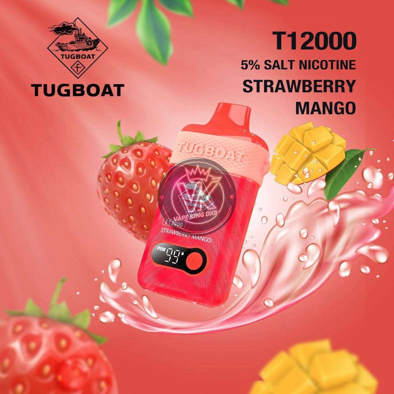 Tugboat T12000 rechargeable disposable vape in strawberry mango flavor with digital display and 5% salt nicotine.