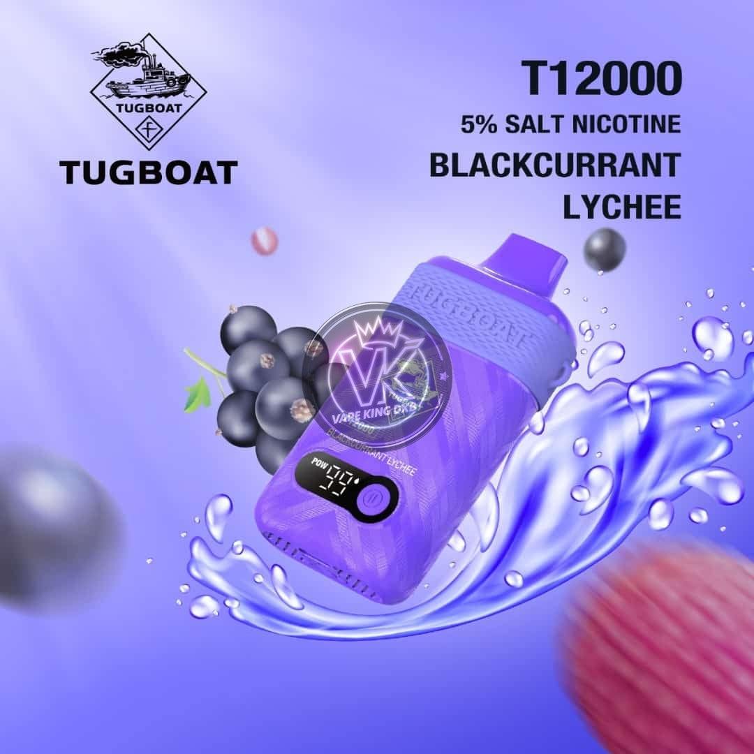 Tugboat T12000 rechargeable disposable vape in purple with blackcurrant lychee flavor and digital puff display