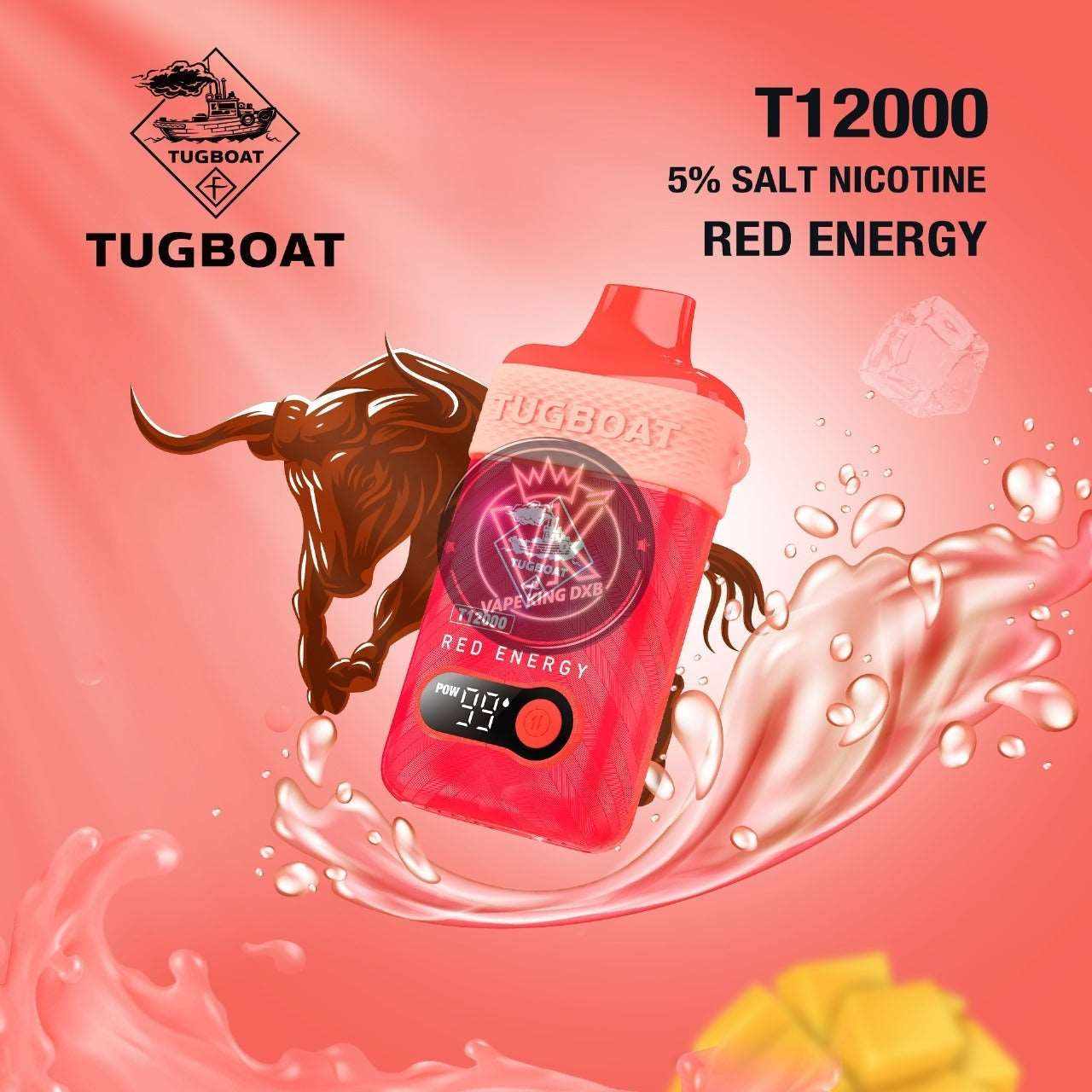 Tugboat T12000 disposable vape in red energy flavor with 5% salt nicotine and digital display against a pink background with bull illustration and splash effect