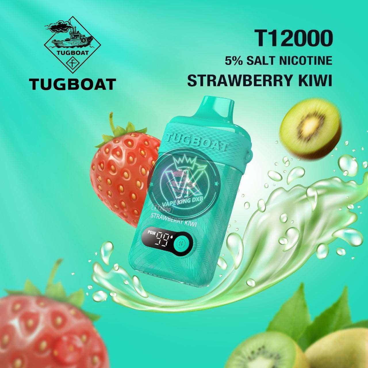 Tugboat T12000 disposable vape in strawberry kiwi flavor with 5% salt nicotine and digital display screen