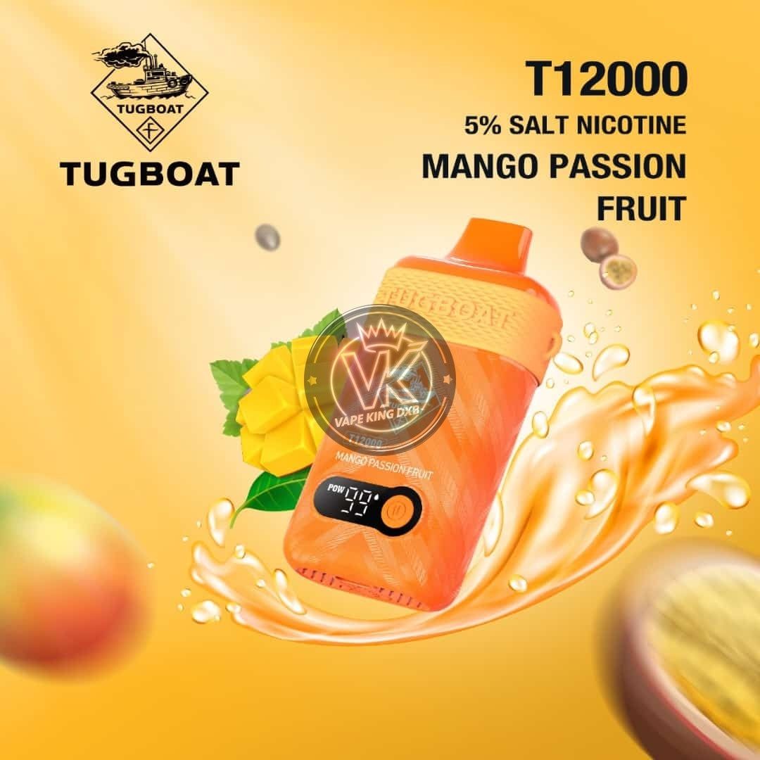 Tugboat T12000 Rechargeable Disposable Vape in Mango Passion Fruit flavor with 5% salt nicotine and digital display on orange background